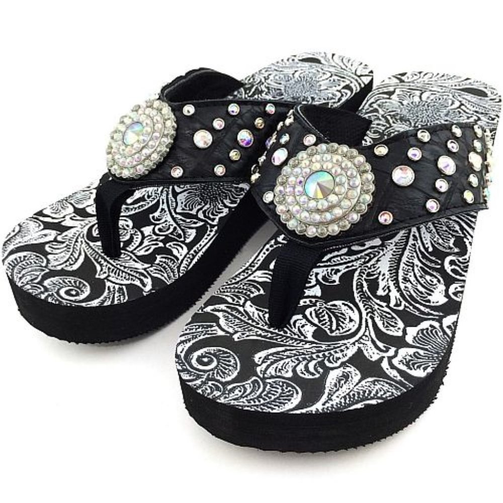 Black Rhinestone Wedge Flip Flops